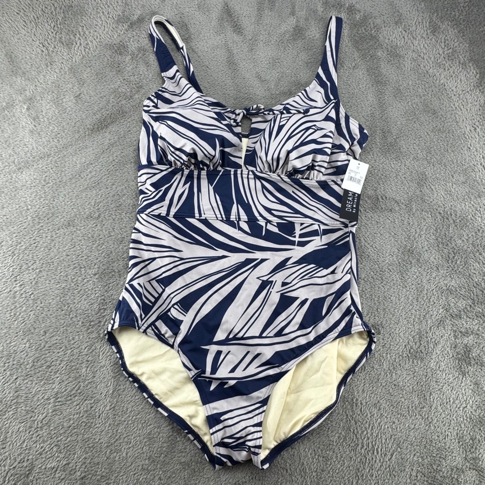 Dream by Miracle One Piece Swimsuit Women 10 Blue White NEW Palm Leaf 674229 - Picture 2 of 7